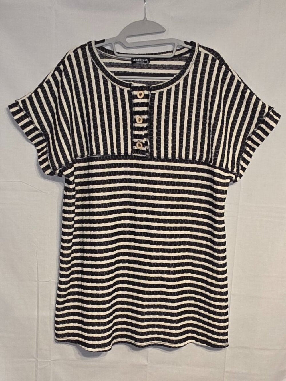 Heimish USA Black White Stripes Shirt Round Neck Buttons Cuff Sleeves Plus 2X
